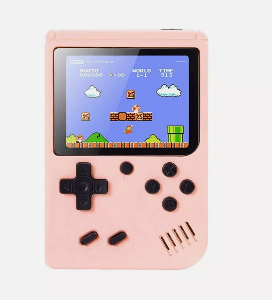 Retro Pocketboy spillkonsoll i lommeformat med 500 klassiske spill. Kompakt design, blått og hvitt skall, bærbar.