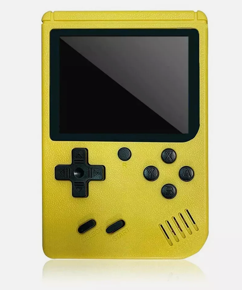 Retro Pocketboy spillkonsoll i lommeformat med 500 klassiske spill. Kompakt design, blått og hvitt skall, bærbar.