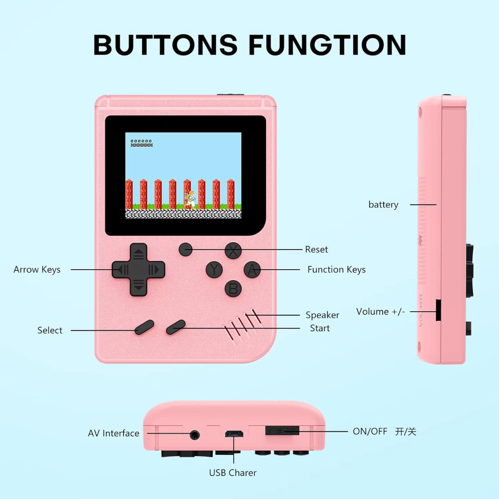 Retro Pocketboy spillkonsoll i lommeformat med 500 klassiske spill. Kompakt design, blått og hvitt skall, bærbar.