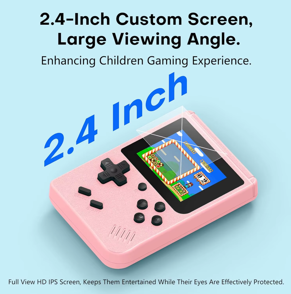 Retro Pocketboy spillkonsoll i lommeformat med 500 klassiske spill. Kompakt design, blått og hvitt skall, bærbar.