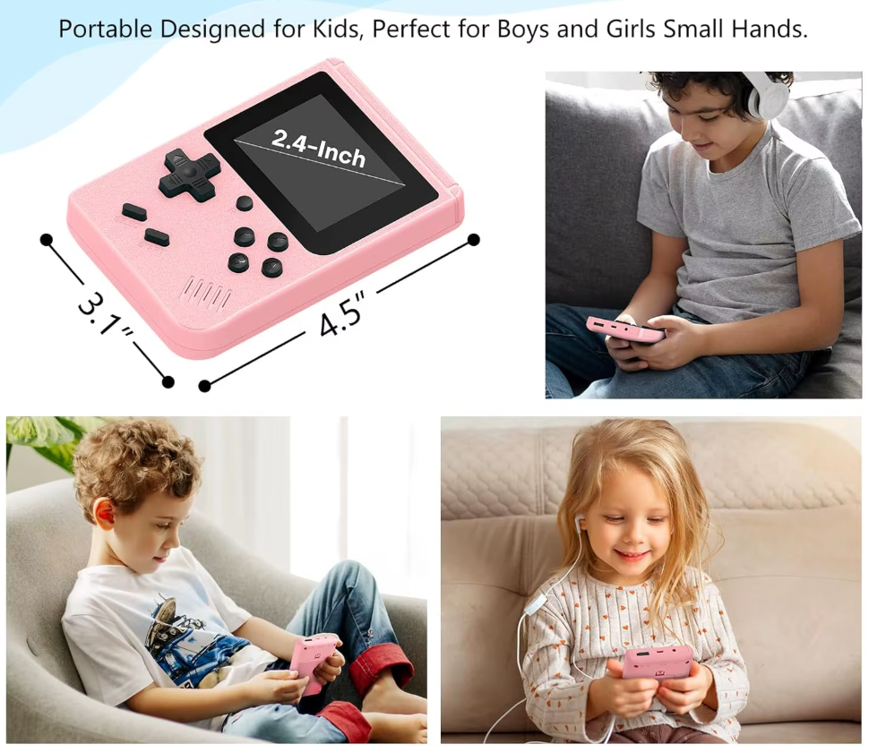 Retro Pocketboy spillkonsoll i lommeformat med 500 klassiske spill. Kompakt design, blått og hvitt skall, bærbar.