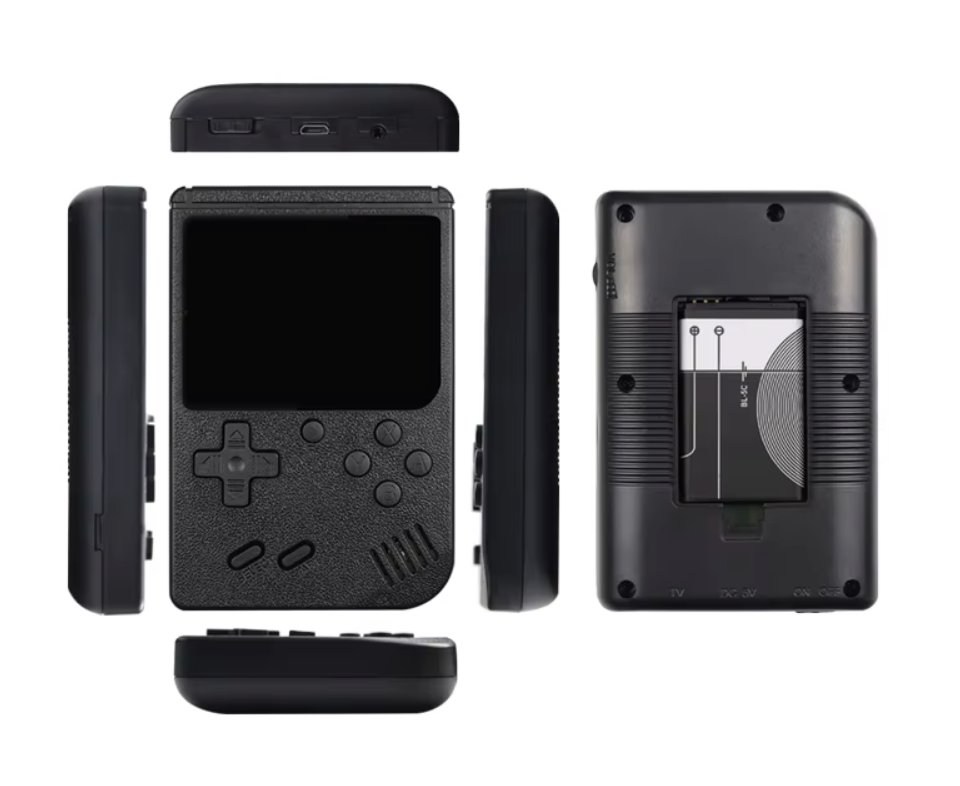 Retro Pocketboy spillkonsoll i lommeformat med 500 klassiske spill. Kompakt design, blått og hvitt skall, bærbar.
