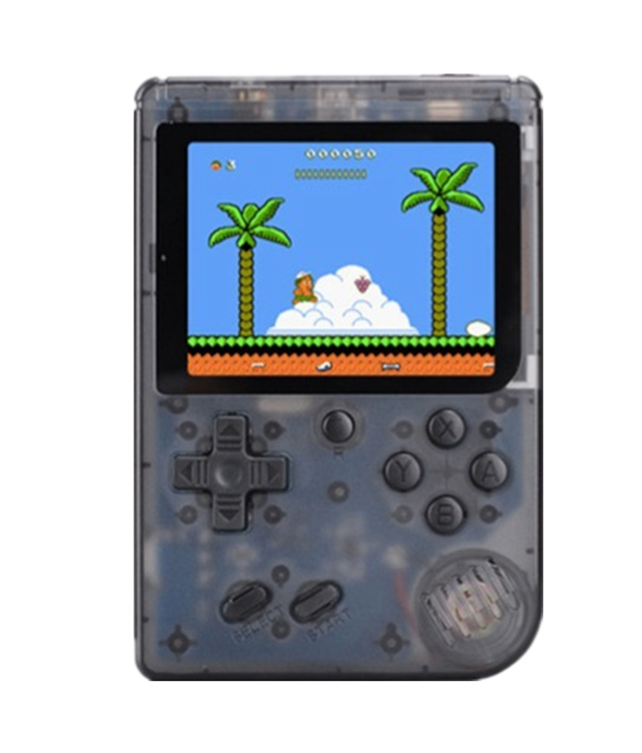 Retro Pocketboy spillkonsoll i lommeformat med 500 klassiske spill. Kompakt design, blått og hvitt skall, bærbar.