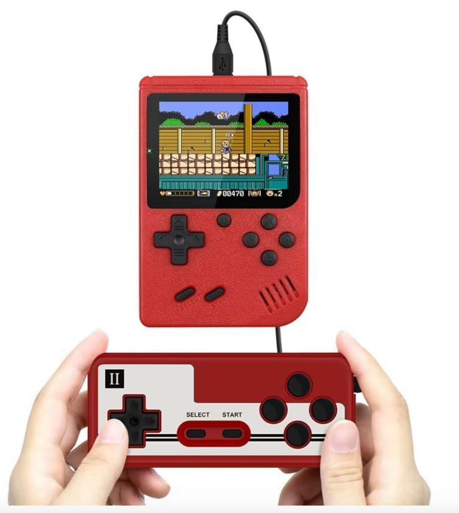 Retro Pocketboy spillkonsoll i lommeformat med 500 klassiske spill. Kompakt design, blått og hvitt skall, bærbar.