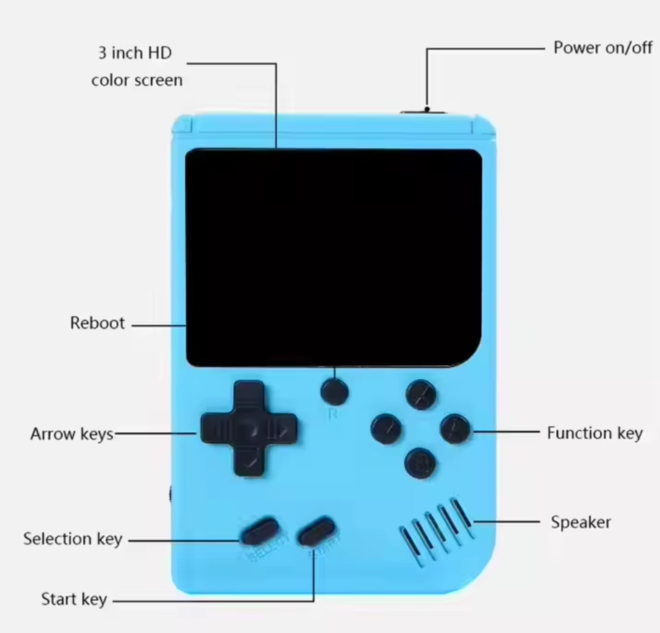 Retro Pocketboy spillkonsoll i lommeformat med 500 klassiske spill. Kompakt design, blått og hvitt skall, bærbar.