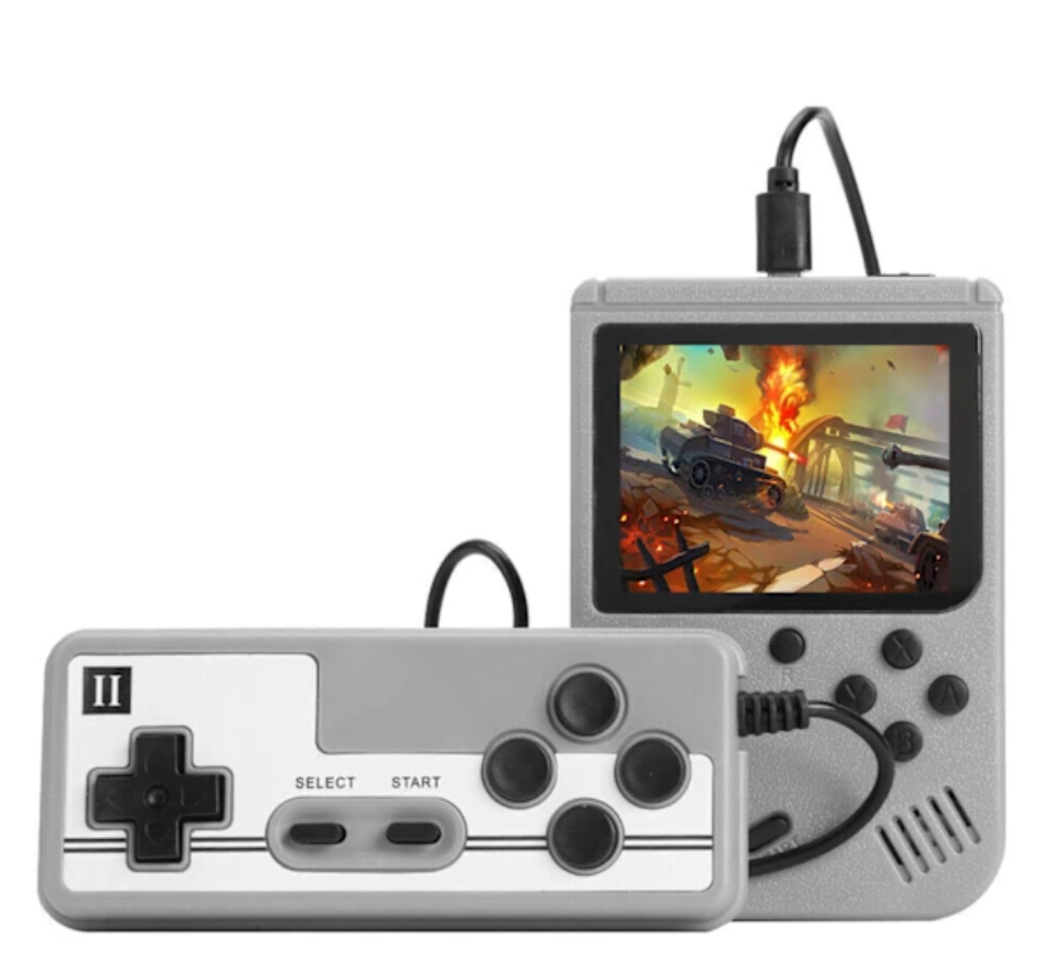 Retro Pocketboy spillkonsoll i lommeformat med 500 klassiske spill. Kompakt design, blått og hvitt skall, bærbar.