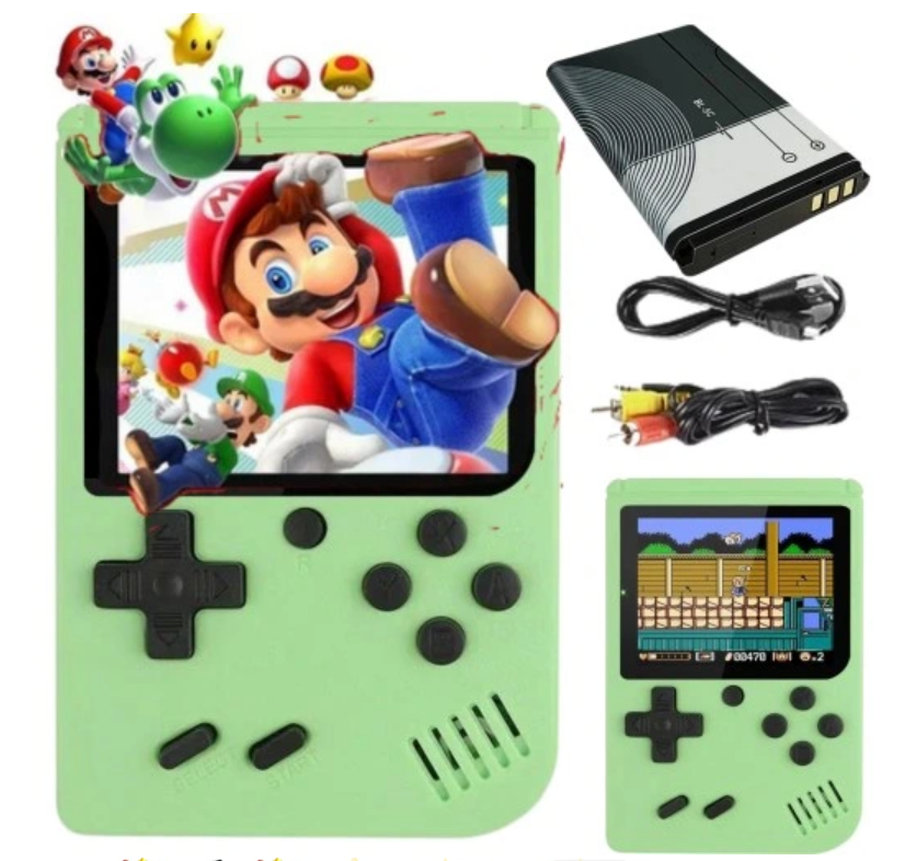 Retro Pocketboy spillkonsoll i lommeformat med 500 klassiske spill. Kompakt design, blått og hvitt skall, bærbar.