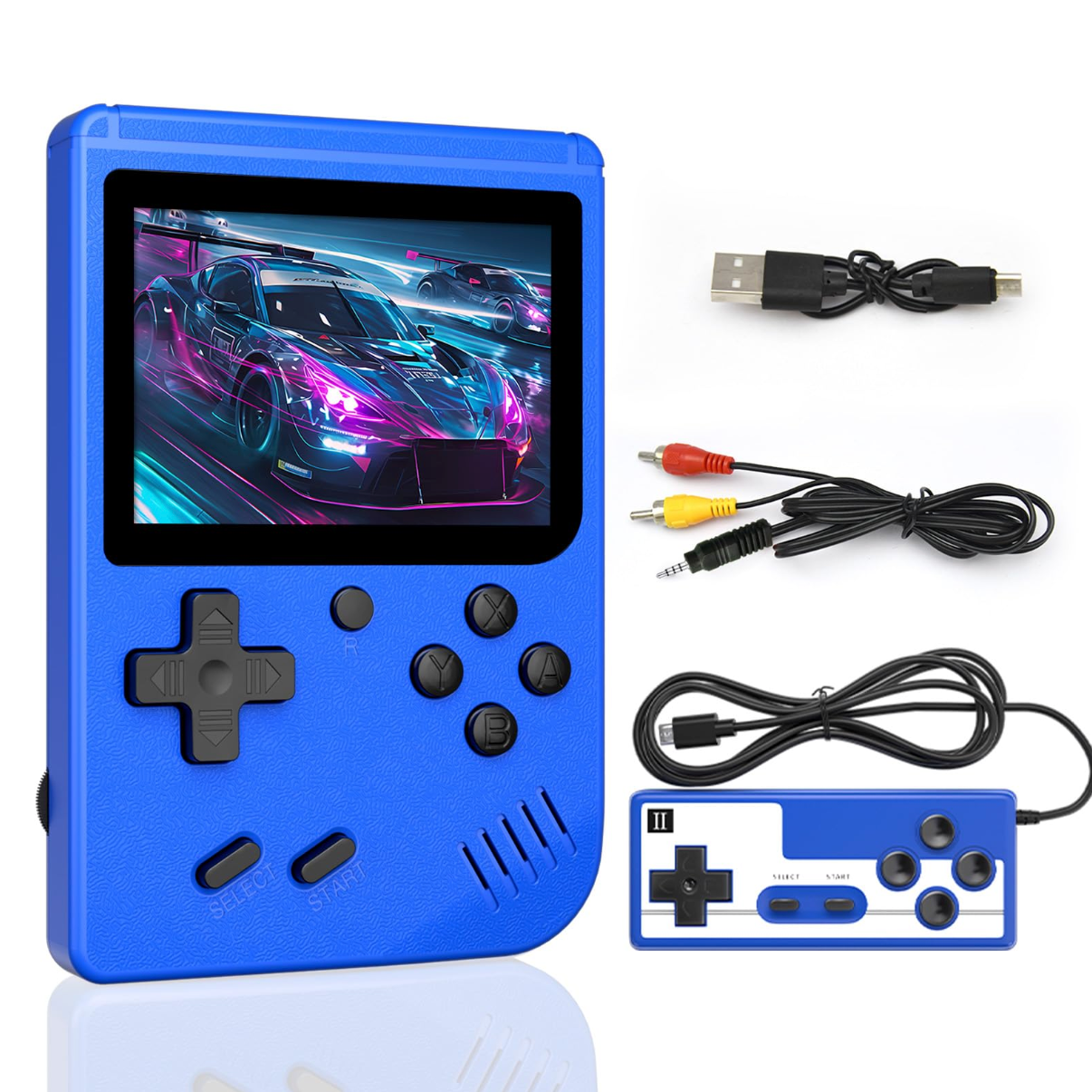 Retro Pocketboy spillkonsoll i lommeformat med 500 klassiske spill. Kompakt design, blått og hvitt skall, bærbar.