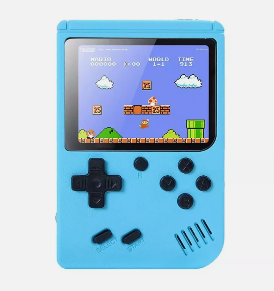 Retro Pocketboy spillkonsoll i lommeformat med 500 klassiske spill. Kompakt design, blått og hvitt skall, bærbar.