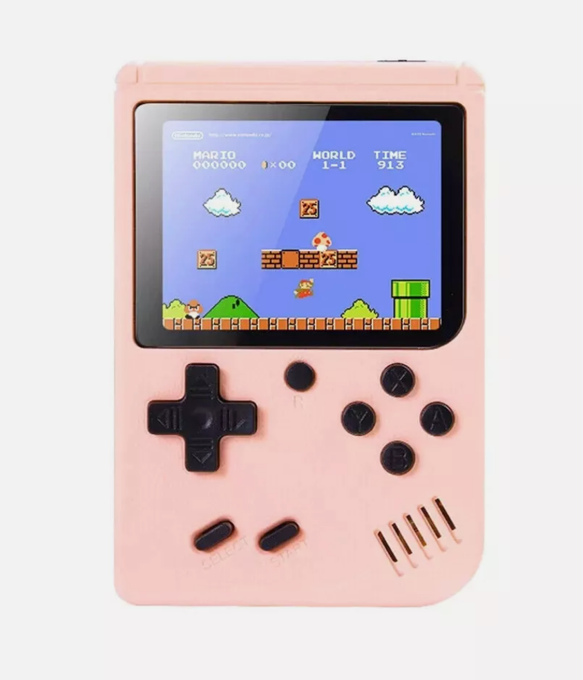 Retro Pocketboy spillkonsoll i lommeformat med 500 klassiske spill. Kompakt design, blått og hvitt skall, bærbar.