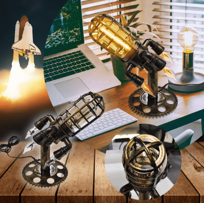 Håndlaget utseende rakettlampe i steampunk design, lyser opp rommet med LED-flamme