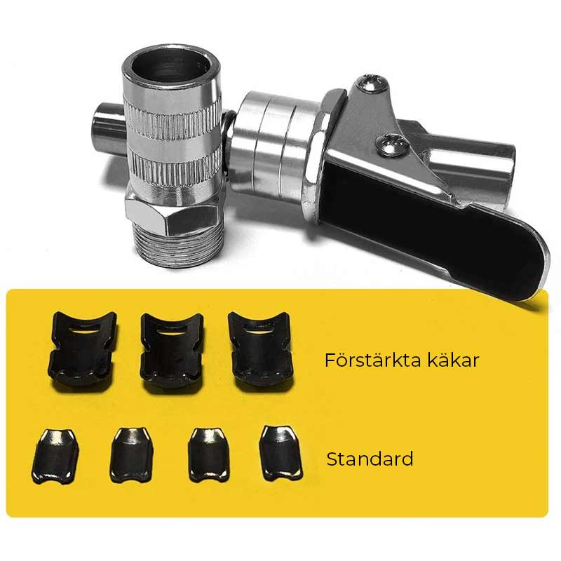 "Robust fettpistol kobling i sinkbelagt stål, kompakt design, lett å bruke, forhindrer lekkasje effektivt."