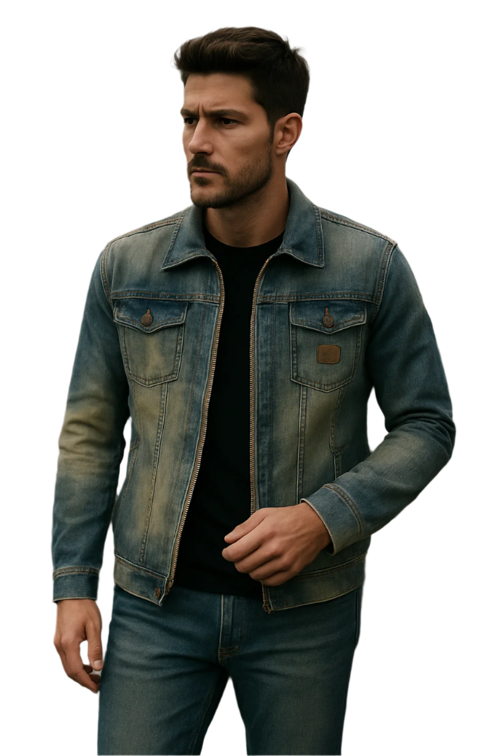 Robust herre denimjakke med klassisk stil, knapplukking og brystlommer. Ideell for vår og høst.
