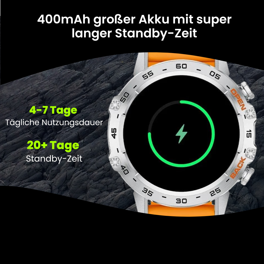 Mann som løper med robust treningsklokke på håndleddet. Vanntett herreklokke med GPS for sport og utendørs.