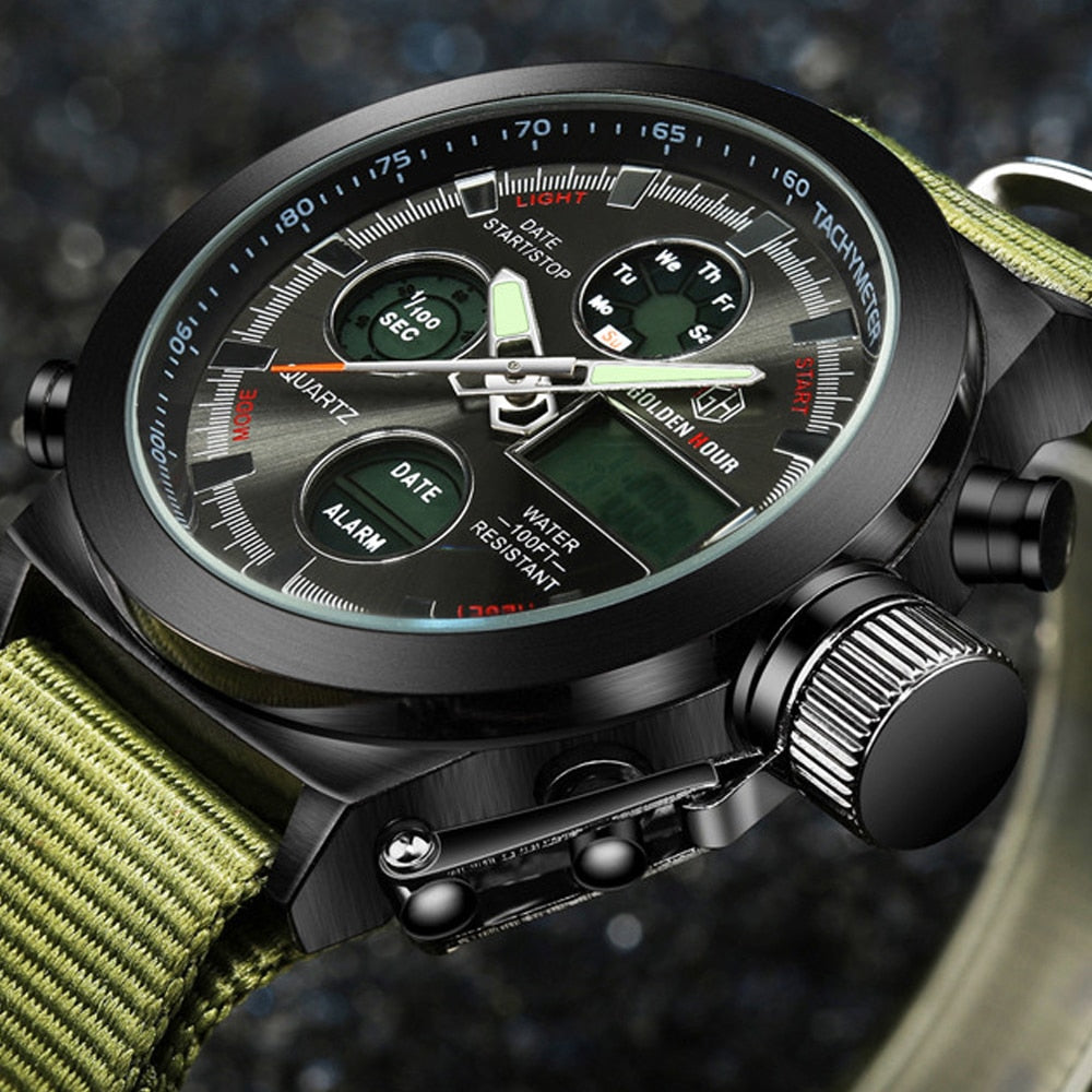 Stilig militærklokke for menn på håndleddet. Robust og multifunksjonell herreklokke med kvartsur og dual display.
