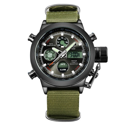Multifunksjonell militærklokke for menn. Robust, vanntett herreklokke med dual display og kvartsurverk.