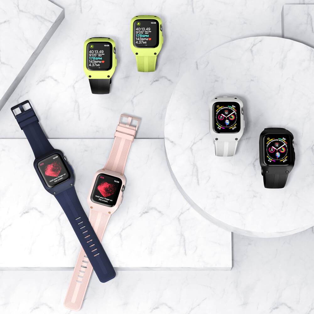 Klokkebeskyttelse og rem i ett for Apple Watch 44mm Series 4/5, støtsikker og slitesterk.