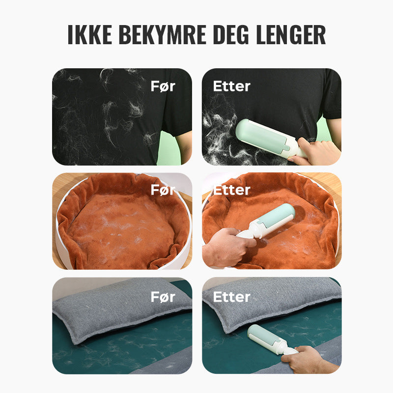 "Rød eller grønn kjæledyrhårrulle i bruk, samler dyrehår effektivt fra sofa og klær, designet for enkel gjenbruk."