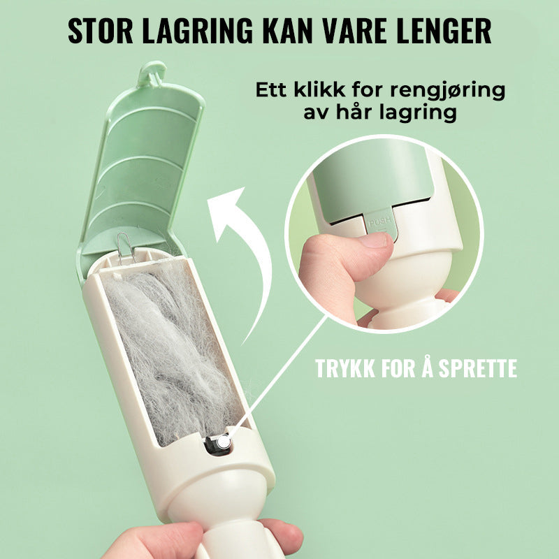"Rød eller grønn kjæledyrhårrulle i bruk, samler dyrehår effektivt fra sofa og klær, designet for enkel gjenbruk."