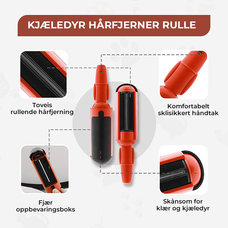 "Rød eller grønn kjæledyrhårrulle i bruk, samler dyrehår effektivt fra sofa og klær, designet for enkel gjenbruk."