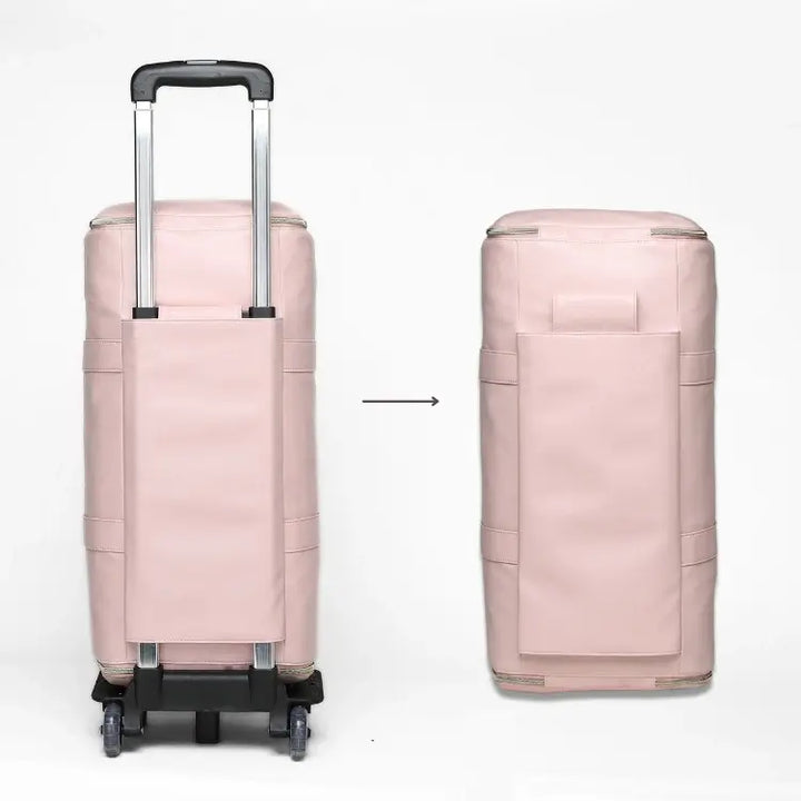 "Romslig JenniBag håndbagasje i beige, 60L, med avtakbare hjul og innovativ design for moderne reisende."