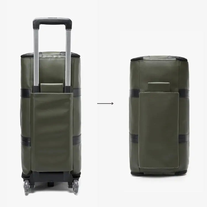 "Romslig JenniBag håndbagasje i beige, 60L, med avtakbare hjul og innovativ design for moderne reisende."