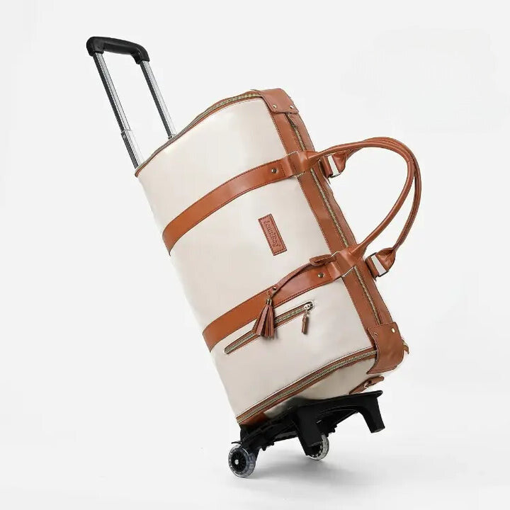 "Romslig JenniBag håndbagasje i beige, 60L, med avtakbare hjul og innovativ design for moderne reisende."