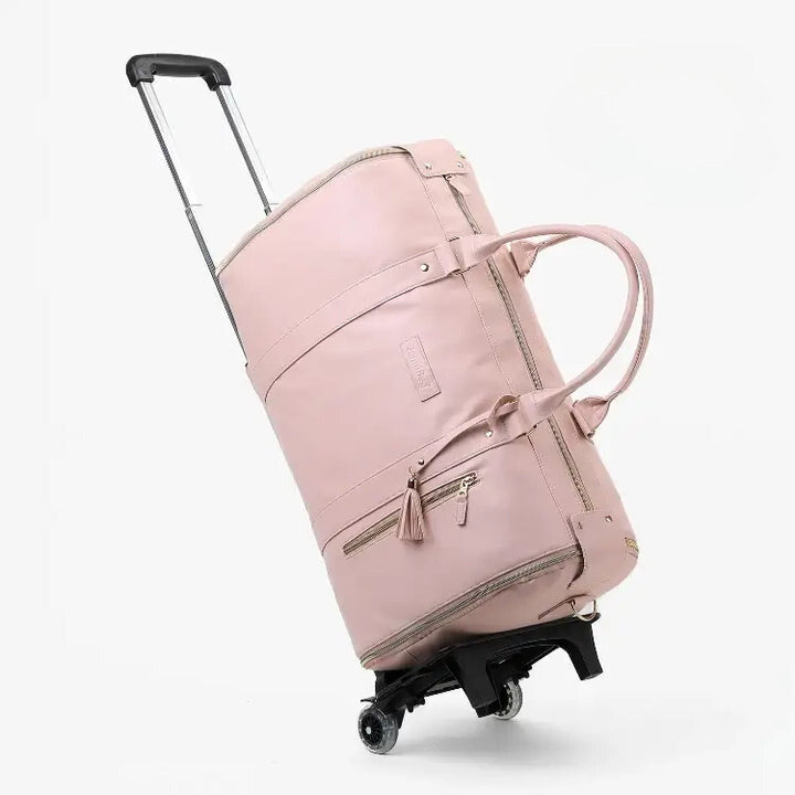"Romslig JenniBag håndbagasje i beige, 60L, med avtakbare hjul og innovativ design for moderne reisende."
