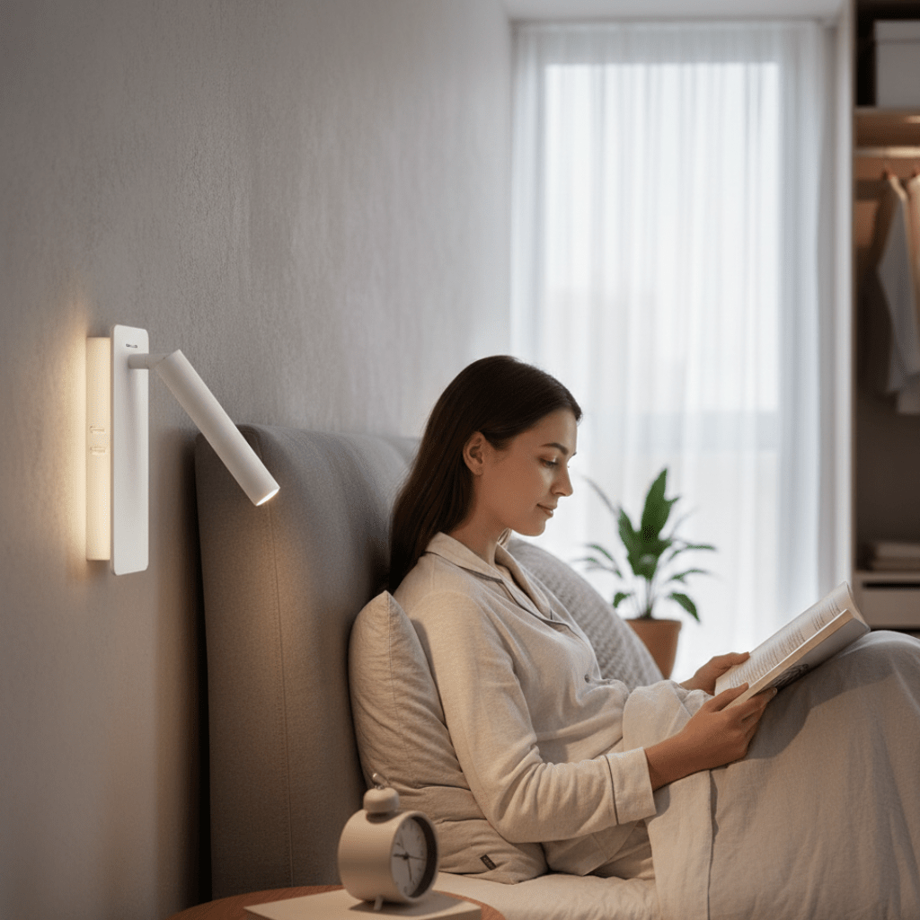 Slank, moderne LED-vegglampe med justerbart og roterbart lys. Ideell som nattlys eller leselampe ved sengen.