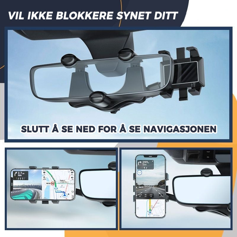 "Roterbar, uttrekkbar biltelefonholder riktig posisjonert i bilinteriør, gir 360° justering for optimal sikt og komfort."