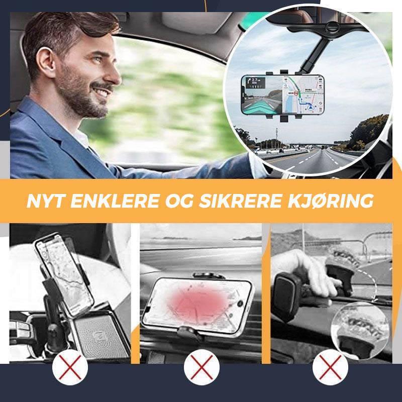 "Roterbar, uttrekkbar biltelefonholder riktig posisjonert i bilinteriør, gir 360° justering for optimal sikt og komfort."