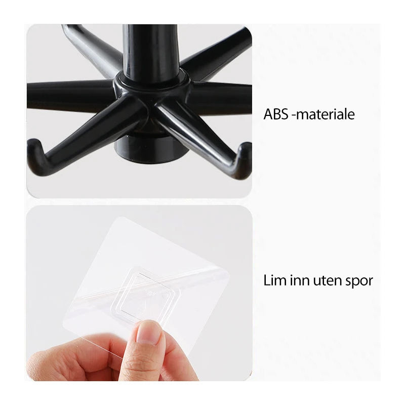 "Roterende knagg i svart ABS-materiale, 360° funksjon, for kjøkken eller soverom, stilig og kompakt design."