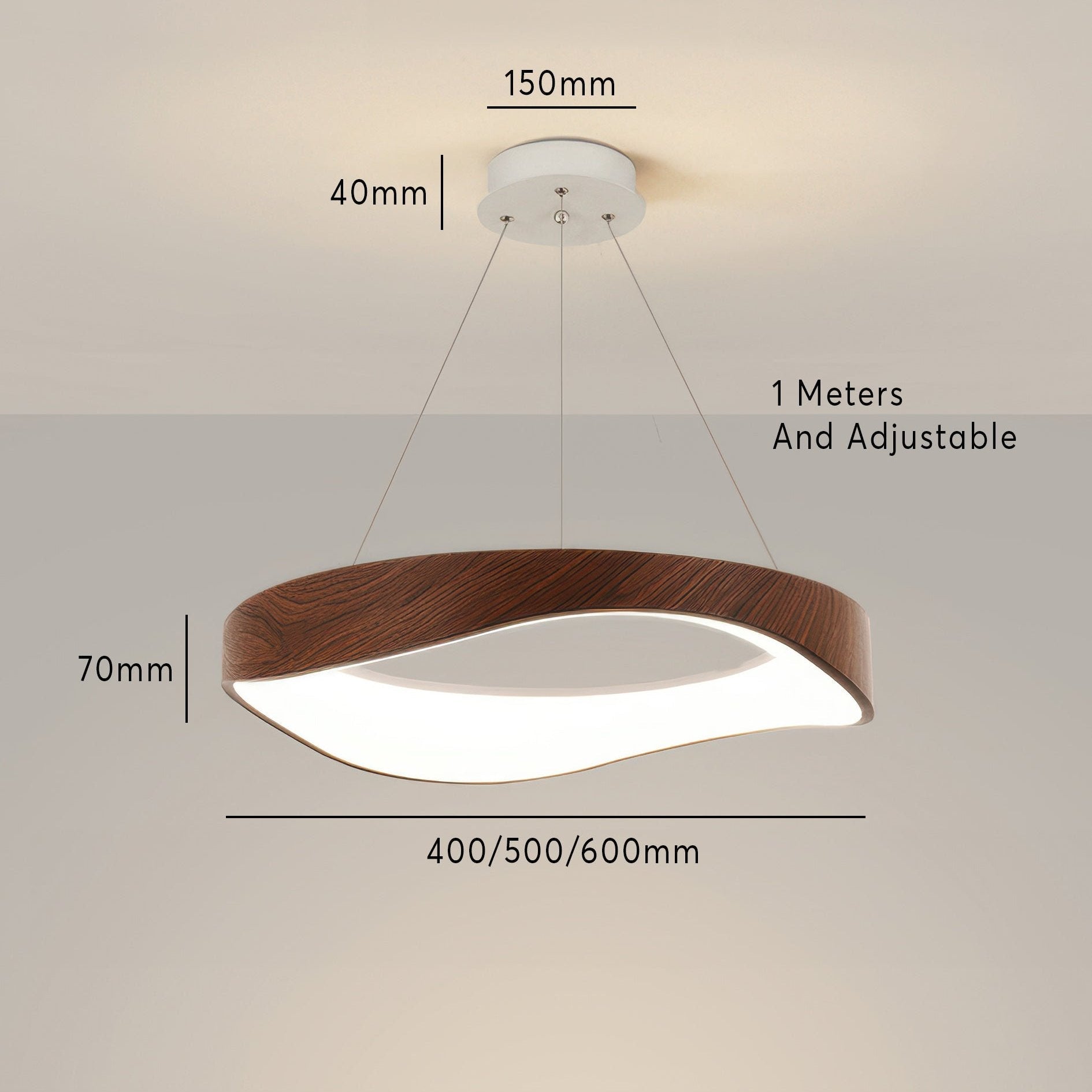 "Rund moderne LED pendellampe, justerbar høyde, elegant design, energieffektiv for hjem og kjøkken. Stilig belysning."