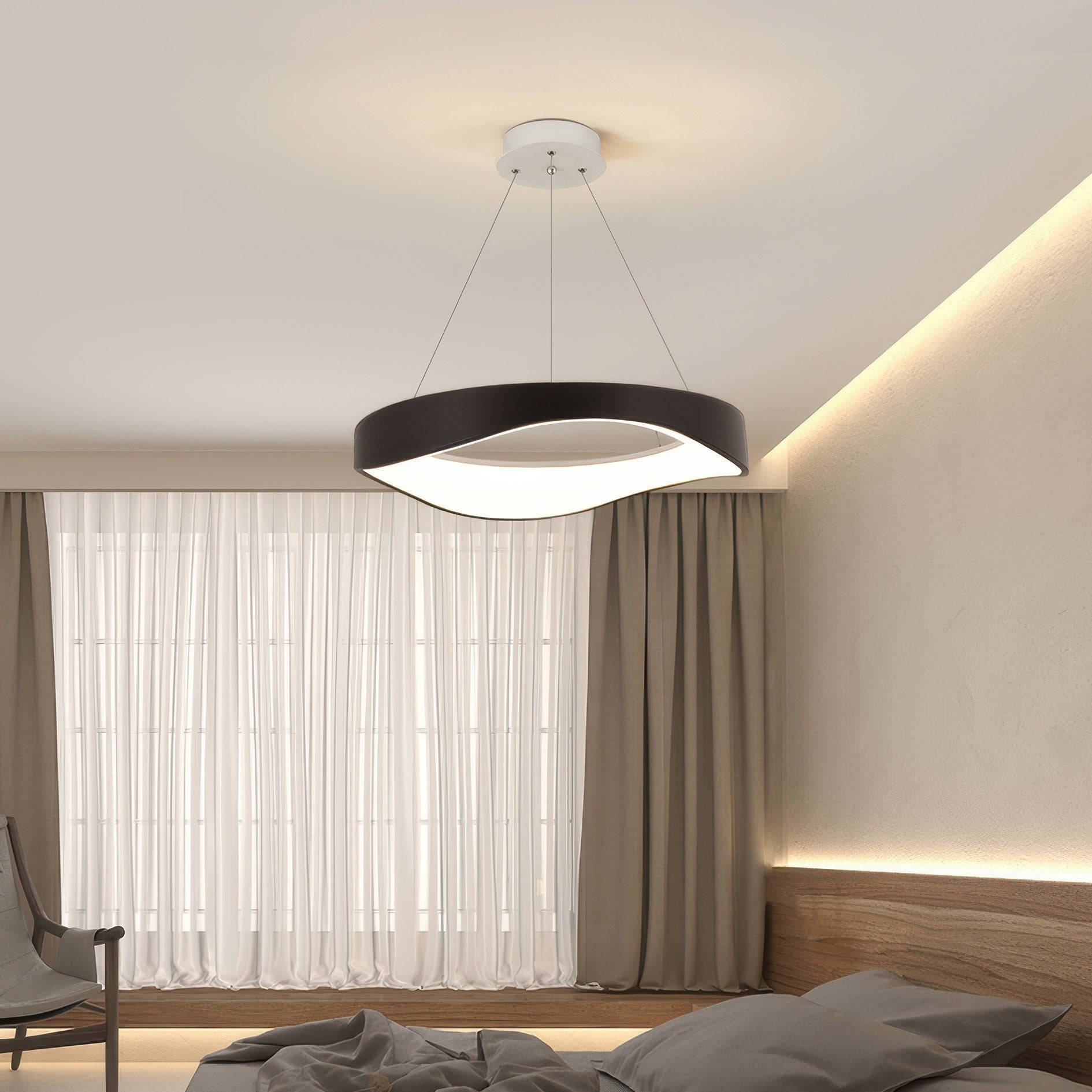 "Rund moderne LED pendellampe, justerbar høyde, elegant design, energieffektiv for hjem og kjøkken. Stilig belysning."