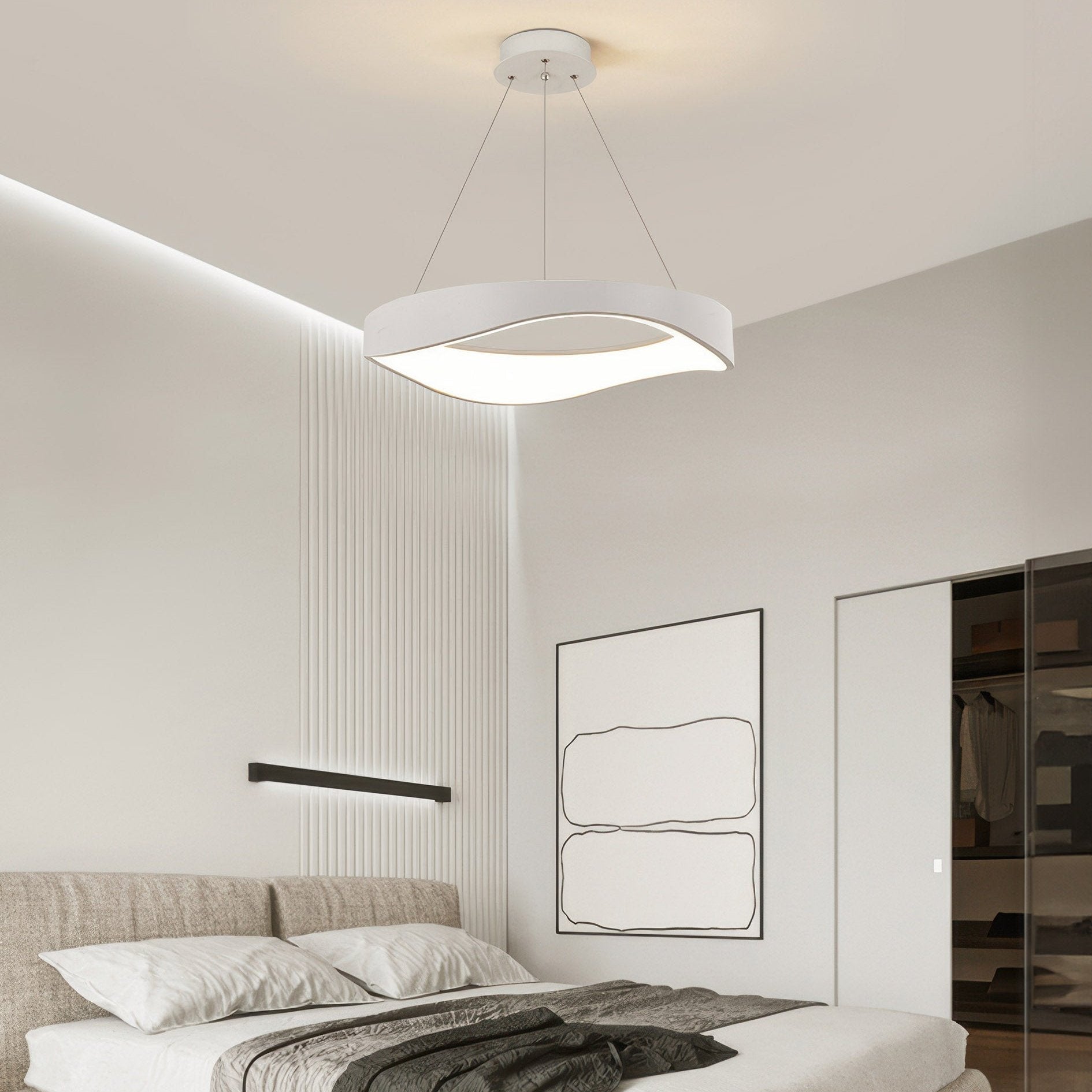 "Rund moderne LED pendellampe, justerbar høyde, elegant design, energieffektiv for hjem og kjøkken. Stilig belysning."