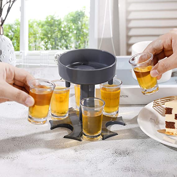 Grå shot dispenser for rask fylling av glass. Essensielt barutstyr for enhver fest.