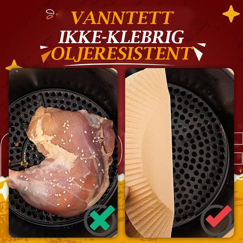 Rundt Air Fryer engangspapir, hvit, silikonbelagt, holder airfryer ren, egnet for matlaging, baking og grilling.