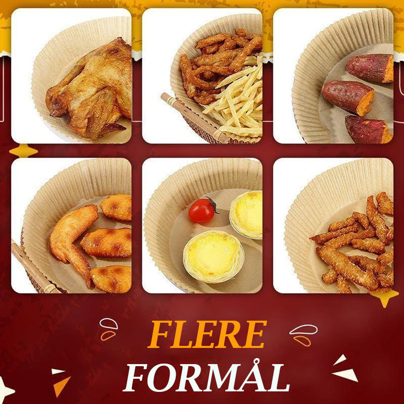 Rundt Air Fryer engangspapir, hvit, silikonbelagt, holder airfryer ren, egnet for matlaging, baking og grilling.