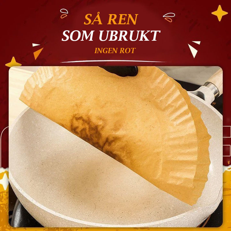 Rundt Air Fryer engangspapir, hvit, silikonbelagt, holder airfryer ren, egnet for matlaging, baking og grilling.