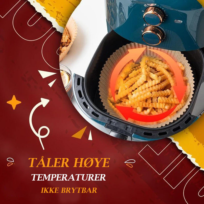 Rundt Air Fryer engangspapir, hvit, silikonbelagt, holder airfryer ren, egnet for matlaging, baking og grilling.