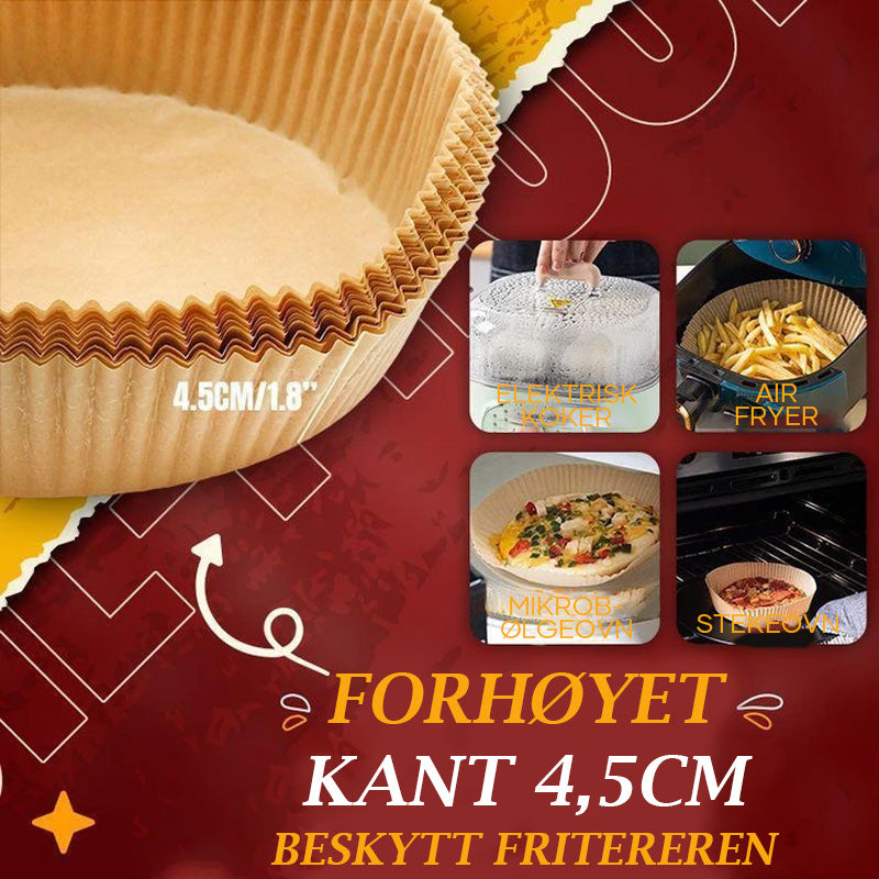 Rundt Air Fryer engangspapir, hvit, silikonbelagt, holder airfryer ren, egnet for matlaging, baking og grilling.