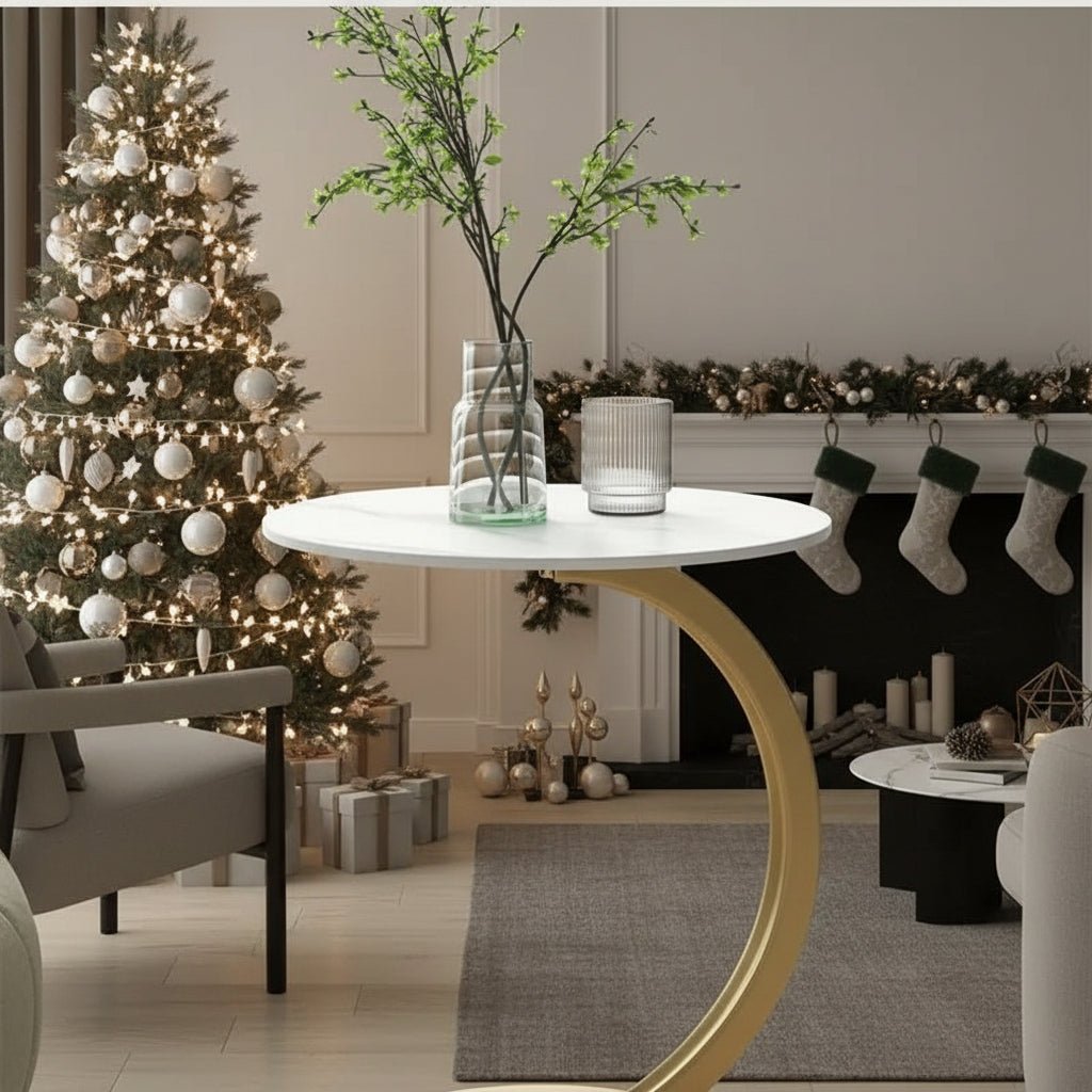 Elegant, rundt sidebord med moderne design, en stilig møbeldetalj i hjemmet.