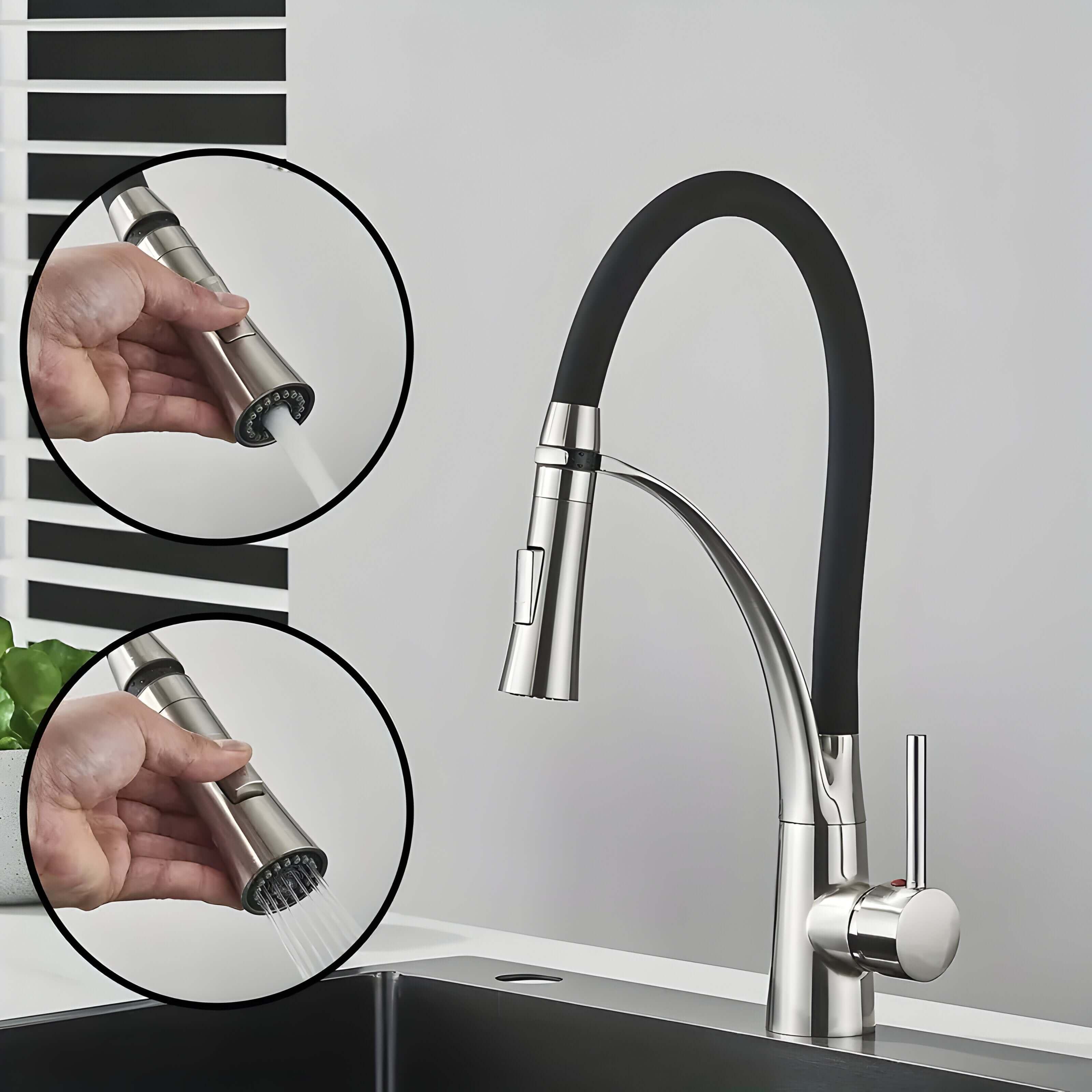 "Rustfri stål kjøkkenkran med uttrekkbar dusj, moderne design, 360° rotasjon for fleksibel bruk over enkelt- eller dobbeltvas
