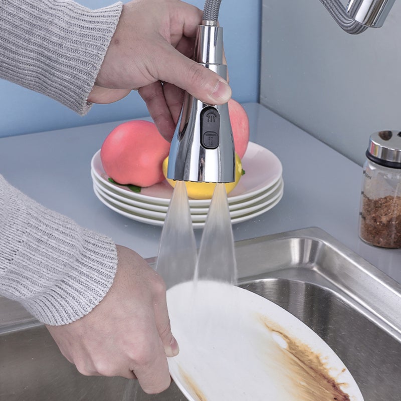 "Rustfritt kranmunnstykke med trykkjustering, tre utløpsmoduser, kompakt størrelse, perfekt for kjøkkenkraner."