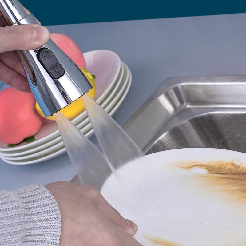 "Rustfritt kranmunnstykke med trykkjustering, tre utløpsmoduser, kompakt størrelse, perfekt for kjøkkenkraner."