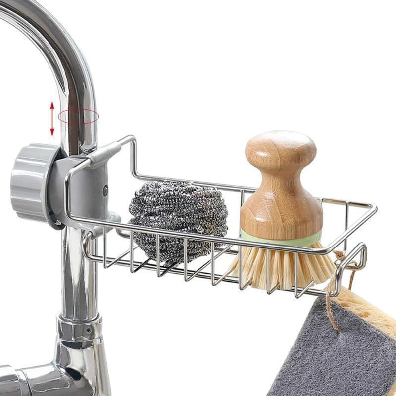 "Rustfritt stål kjøkkenvaskstativ med svamper, såper, stilig design, multifunksjonell oppbevaring for rent og effektivt kjøkk