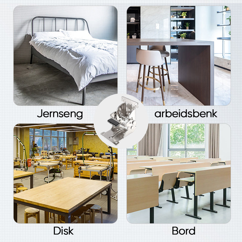 "Sammenleggbar bordbenhengsel i metall, sølvfinish, kompakt design for moderne hjem, passer bord og stoler."