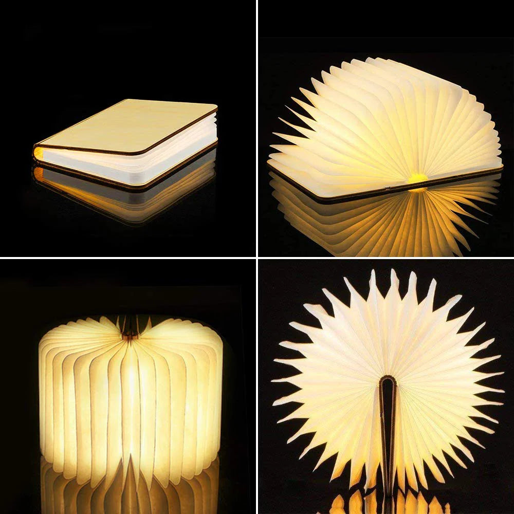 Sammenleggbar LED-boklampe med justerbare lysinnstillinger, perfekt for behagelig lesing.