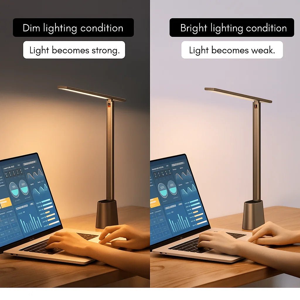Sammenleggbar LED lampe med dimmefunksjon. Bærbar skrivebordslampe for lesing og hjemmekontor.