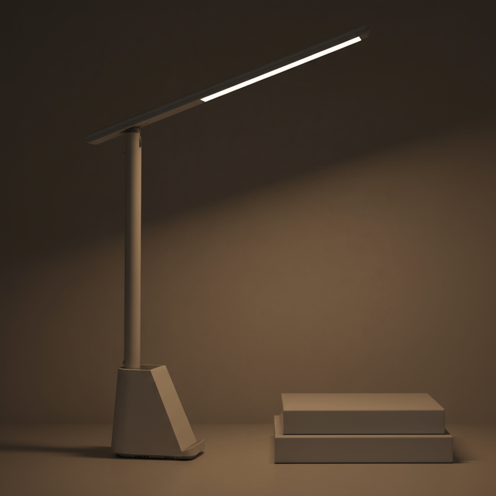 Hvit kompakt LED bordlampe, elegant foldet. En moderne, dimbar USB-lampe for hjemmekontor.